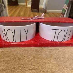 Rae Dunn Holly and Jolly Dog Bowls.